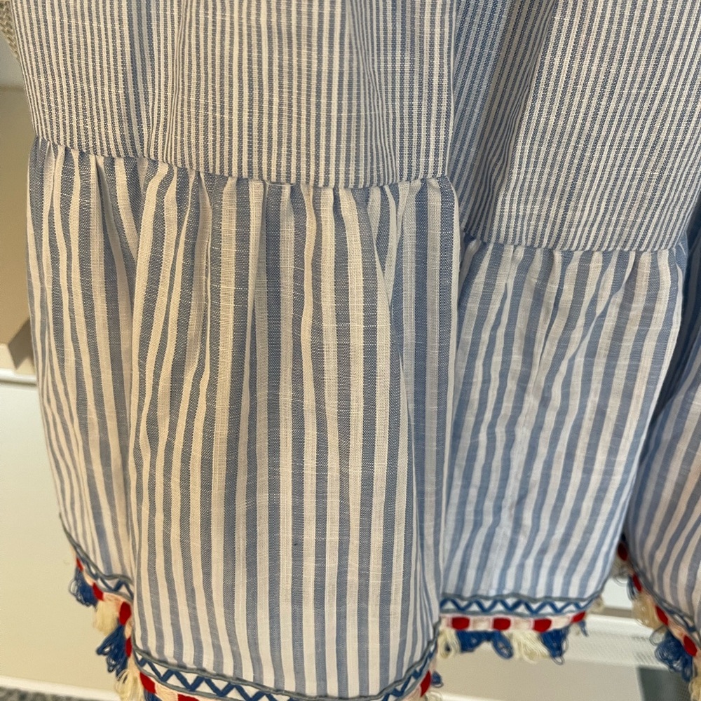 Tuckernuck Striped Blue Dress with Pom Pom Trim - Picture 8 of 9